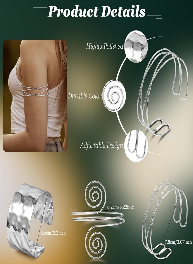 LOREMOW 3Pcs Upper Arm Cuff for Women Adjustable Open Chunky Cuff Bracelets Set Gold Irregular Boho Coil Arm Cuff Bangle Silver C - Image 3